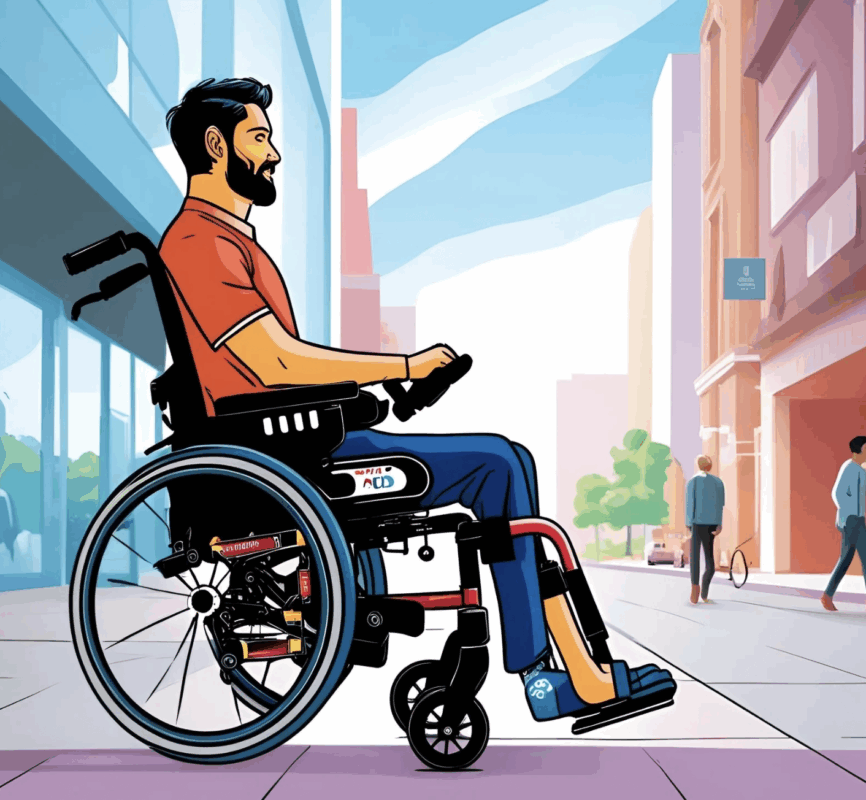 An illustration depicting a man with a beard, wearing a red shirt and blue pants, in a modern wheelchair on a city sidewalk. Buildings and other pedestrians are visible in the background